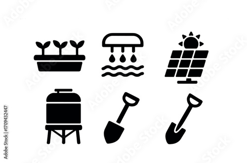 Sustainable farming icons: seedlings, irrigation, solar panels, water tank, shovels