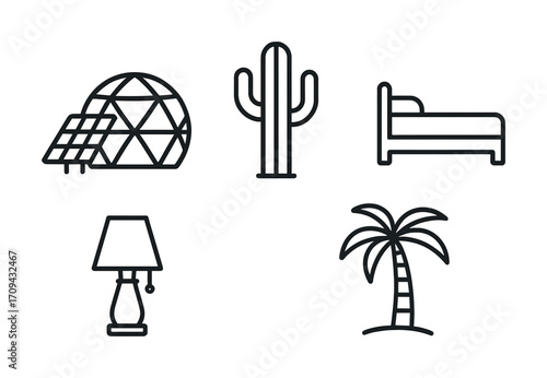 Geodesic dome with solar panels cactus lamp bed and palm tree icons
