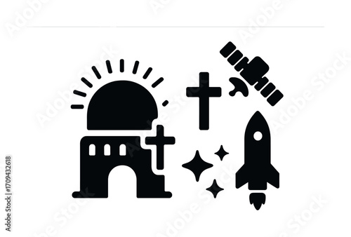 Space exploration and religion: icons of faith, rocket, satellite, and stars