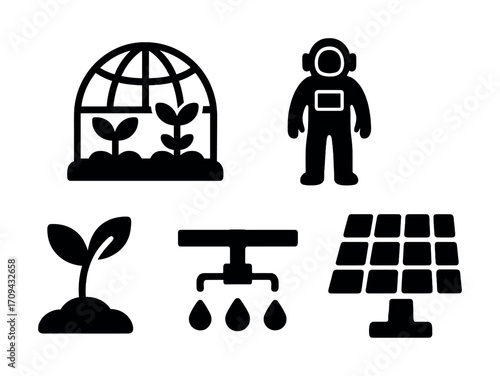 Futuristic agriculture: greenhouse, astronaut, solar panel, seedling, irrigation symbols