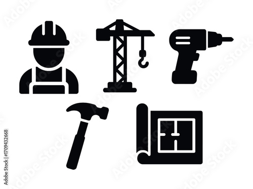 Construction tools and symbols collection: worker, crane, drill, hammer, blueprint
