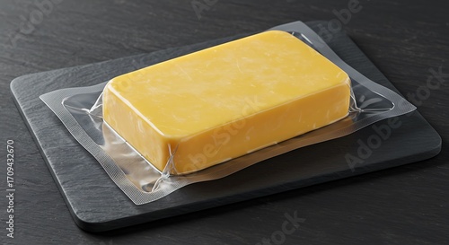 Mockup a block of cheddar cheese vacuumsealed and presented on a dark slate board for commercial usage