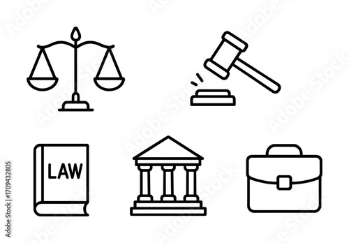 Law and justice symbols: scales, gavel, law book, courthouse, briefcase icons
