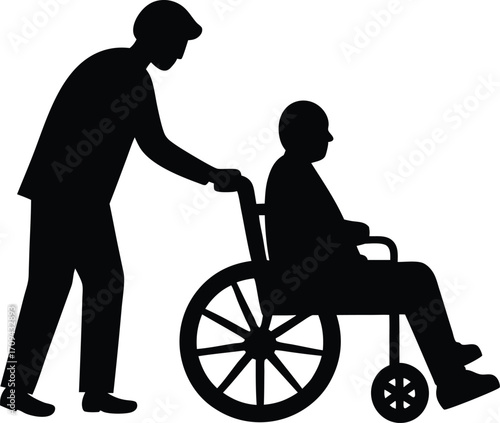 Senior in Wheelchair Being Pushed, Vector Silhouette Illustration