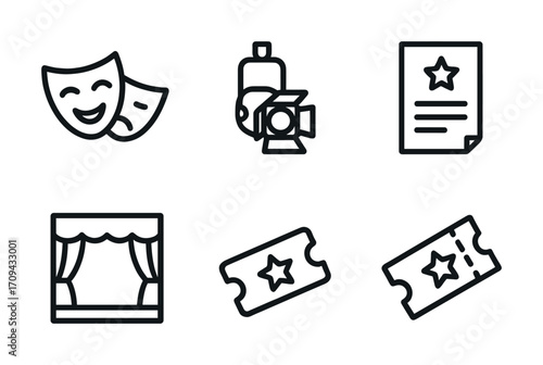 Theater and entertainment icons: masks, spotlight, script, stage, tickets