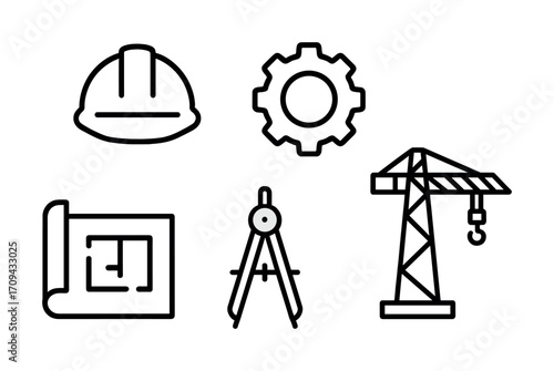 Construction and engineering icons: hard hat, blueprint, gear, crane, compass