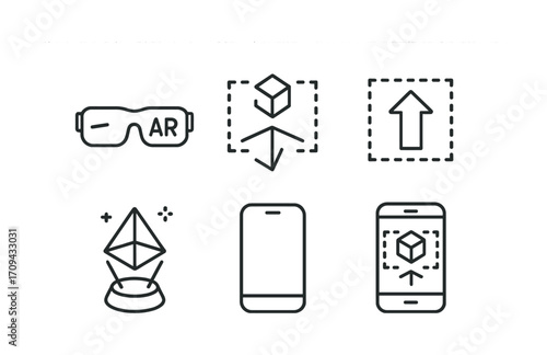 Augmented reality icons: glasses, 3d cube, smartphone, ar app, vector line art