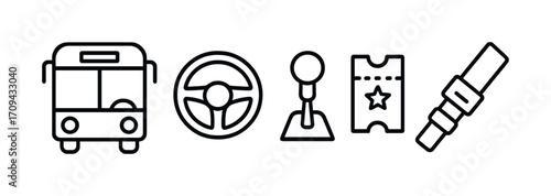 Transportation icon set with bus wheel gear ticket and seatbelt