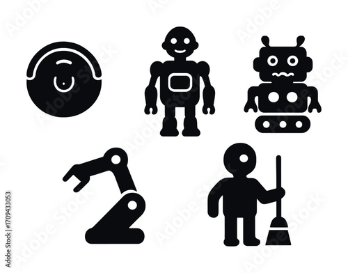 Robotic icons set: vacuum, humanoid, automation arm, cleaning bot