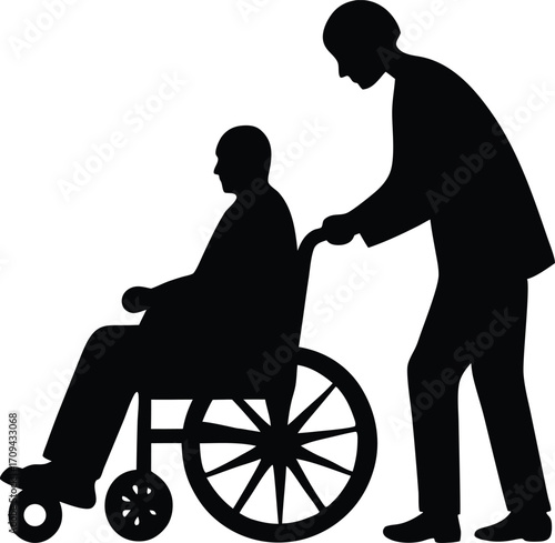 Senior in Wheelchair Being Pushed, Vector Silhouette Illustration