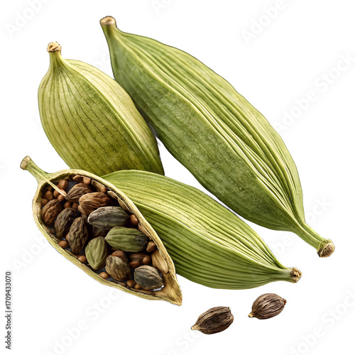 Whole and split green cardamom pods with seeds on a black background