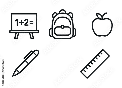Outline icons of school supplies featuring backpack and chalkboard math equation