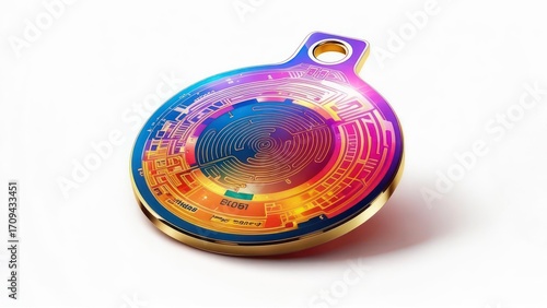 A circular, metallic pendant with iridescent rainbow colors, features an intricate circuit-board design within a concentric pattern, subtly angled on a white background. 