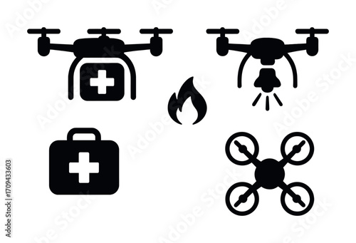 Emergency response drones and medical kit icon set for disaster relief and fire situations