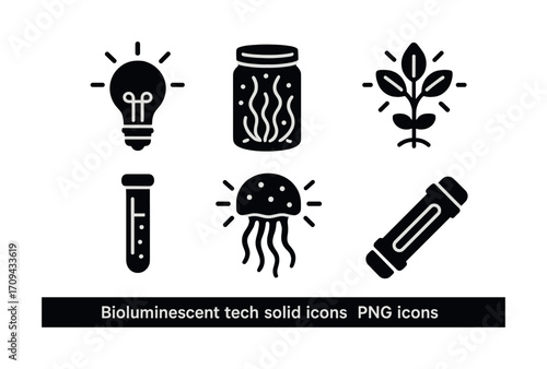 Bioluminescent technology icons: lightbulb, plant, jellyfish, test tube, led