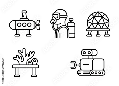 Exploration icons: submarine, diver, dome, coral, robot - black and white line art