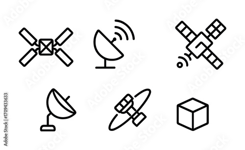 Satellite and communication icons: dishes, satellite, cube