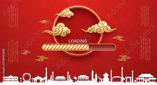 Golden loading bar with clouds on a red chinese background featuring a white silhouette of famous landmarks and buildings creates a festive atmosphere