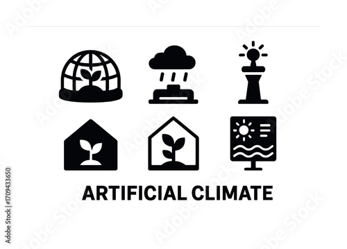 Artificial climate icons depicting ecosystem control and environmental intervention