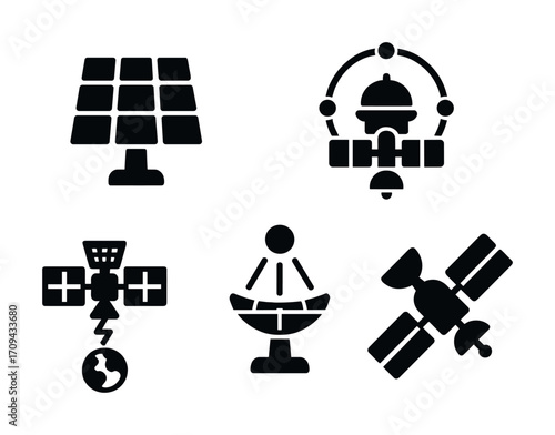 Solar panel and satellite icons: space and energy technology symbols