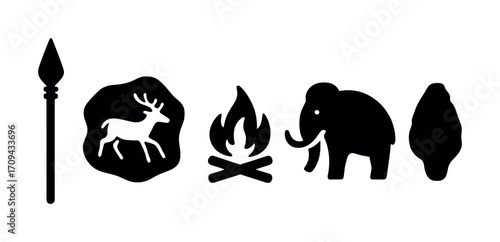 Stone age symbols and tools: spear, deer, fire, mammoth, axe silhouettes
