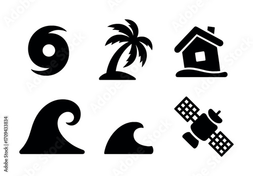 Natural disaster and satellite icons: hurricane, palm tree, waves, house, and satellite
