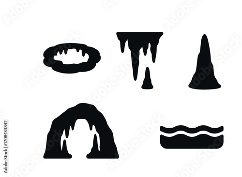 Silhouette icons of cave formations: stalactites, stalagmites, arches, pools