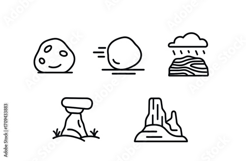 Minimalist weathered rock icons: erosion, movement, and atmospheric impact