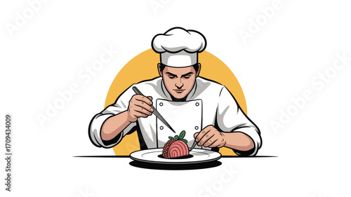 Chef Plating Food with Precision: Culinary Artistry and Fine Dining Presentation, Gourmet Cuisine and Professional Chef Skills in Food Design