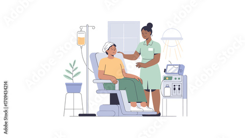 Illustrative Scene of a Caring Nurse Attending to a Patient Undergoing IV Therapy in a Modern Hospital Setting with Advanced Medical Equipment