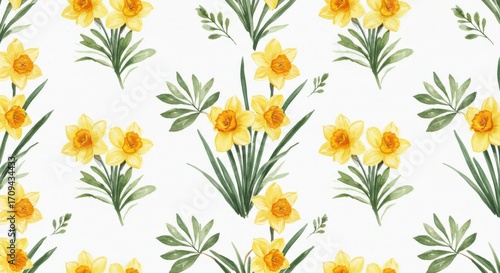 Watercolor Daffodils Pattern on White Background Floral Design.