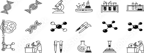 Biotechnology Icon Set - Vector illustrations for medical research, genetics, and lab work Outline and solid style