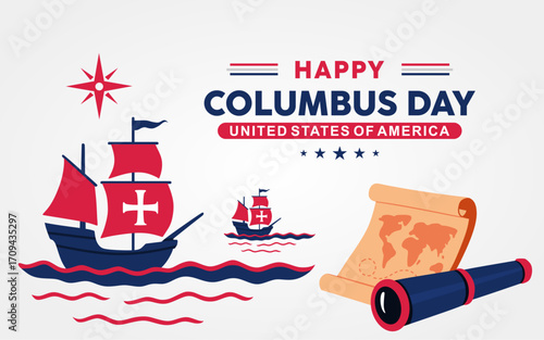 Happy Columbus Day background template, banners, card with columbus ship, binoculars and map. On white background. America flag colors, celebrate Christopher Columbus discover America.