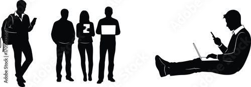 A diverse collection of silhouetted individuals engaged in modern activities, from using portable devices to carrying a bag, and holding a laptop.