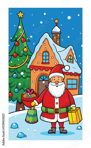 Whimsical winter wonderland scene featuring Santa Claus carrying a gift sack, decorated Christmas tree, snowy house, and festive ornaments in magical holiday spirit