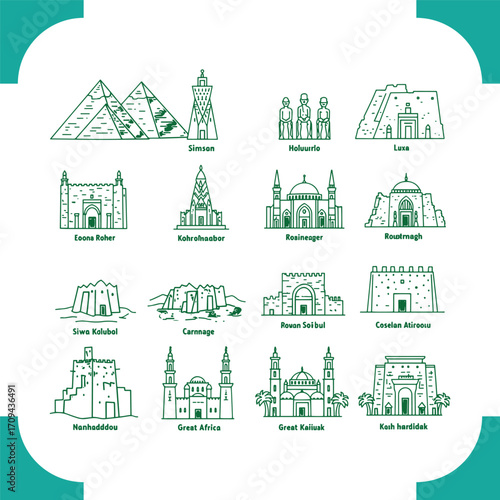 Line art illustrations of various historical landmarks.