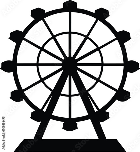 Black Flat Design Ferris Wheel. Simple Vector Silhouette for Carnival, Fair, or Amusement Park Themes.