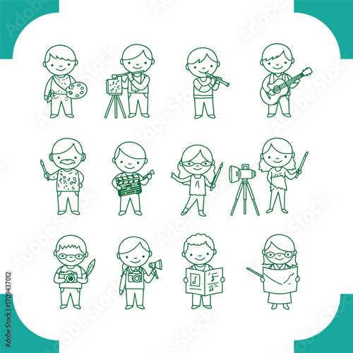 Set of Cute Cartoon Characters Representing Various Professions and Hobbies.
