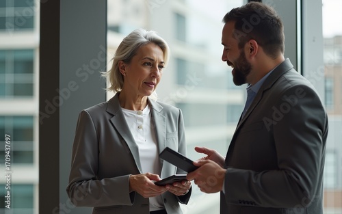 Senior mature grey-haired business woman having discussion with male employee meeting in office lobby. Diverse friendly coworkers talking using digital tablet, discussing project and sharing ideas.