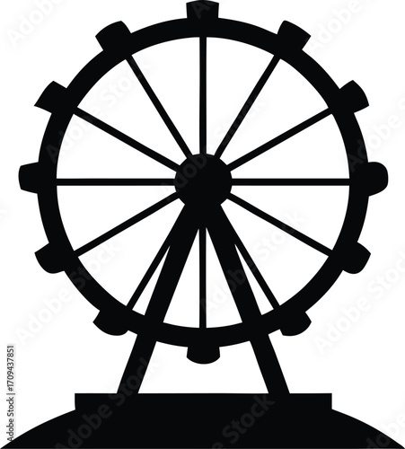 Ferris Wheel Silhouette Vector Icon. Black Flat Design Illustration of an Amusement Park Carnival Ride.