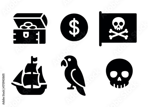 Pirate icons: treasure chest, dollar coin, jolly roger flag, sailing ship, parrot, skull