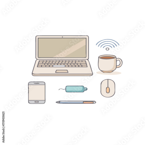 Digital workspace featuring laptop, phone, coffee, and stylus for creative work