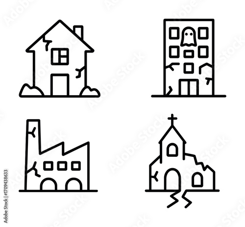 Set of haunted building icons: house, church, factory, ghostly details