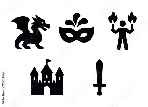 Fantasy icons: dragon, mask, juggler, castle, sword silhouettes