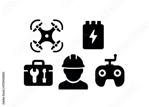 Drone icon set with tools, battery, controller, and construction worker