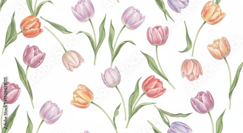 Watercolor Tulip Pattern: Colorful Floral Arrangement on White.