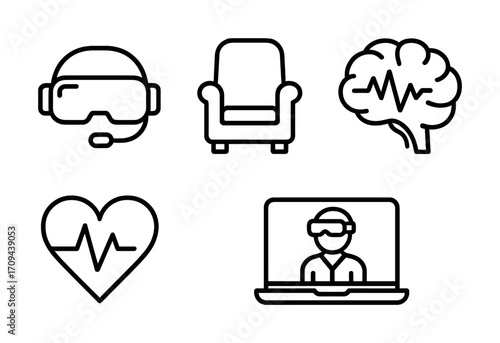 Outline icons of vr headset, armchair, brainwaves, heartbeat, virtual reality user on laptop
