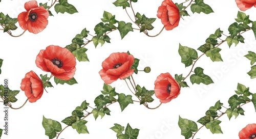 Watercolor Poppy and Ivy Pattern on White Background.