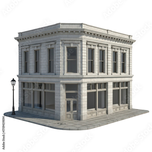 3d render of classic bank building architecture with ornate details and street lamp transparent background