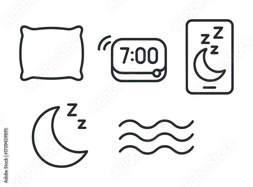 Icons representing sleep concepts with pillow, clock, phone, moon, and waves